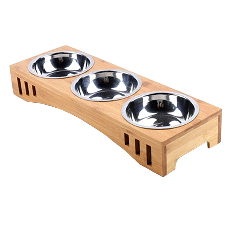 Cat And Dog Double Bowl With Bamboo Frame